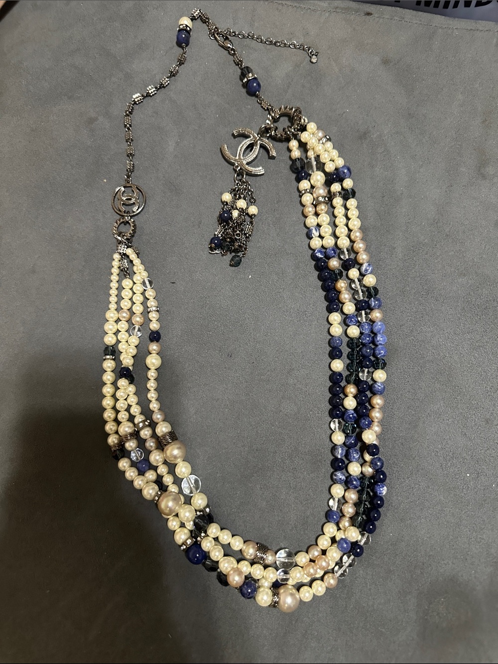 CHANEL Multi-Strand Pearl and Navy Blue Beaded Necklace with Double-C Charm
